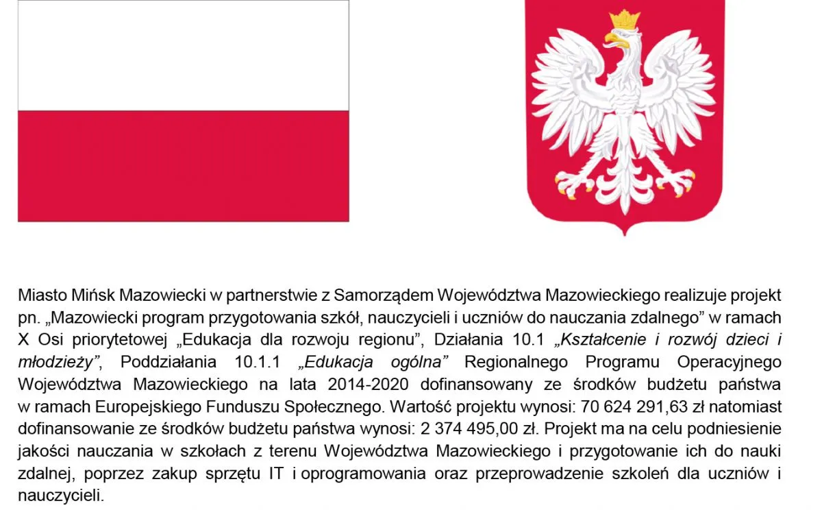 Kliknięcie powiększy obraz. Flaga Polski obok godła Polski na białym tle.