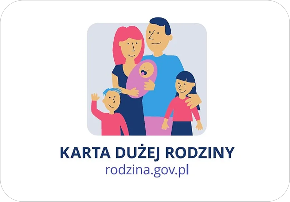 Kliknięcie powiększy obraz. Wizerunek pięcioosobowej rodziny: kobiety trzymającej niemowlę, mężczyzny, chłopca i dziewczynki, wraz z napisem "KARTA DUŻEJ RODZINY" oraz adresem strony internetowej rodzina.gov.pl.