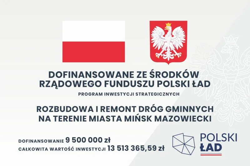 Dofinansowanie z Rządowego Funduszu Polski Ład na rozbudowę i remont dróg gminnych w Mińsku Mazowieckim, z kwotą 9 500 000 zł oraz całkowitą wartością inwestycji 13 513 365,59 zł, obok flagi Polski i herbu.